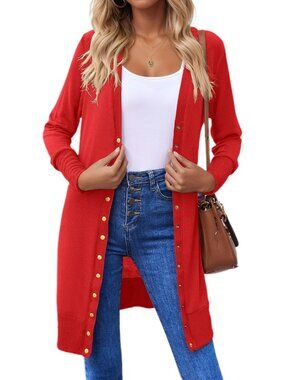 Women's Red Button Down Soft Long Sleeve Lightweight Casual Cardigan Sweaters